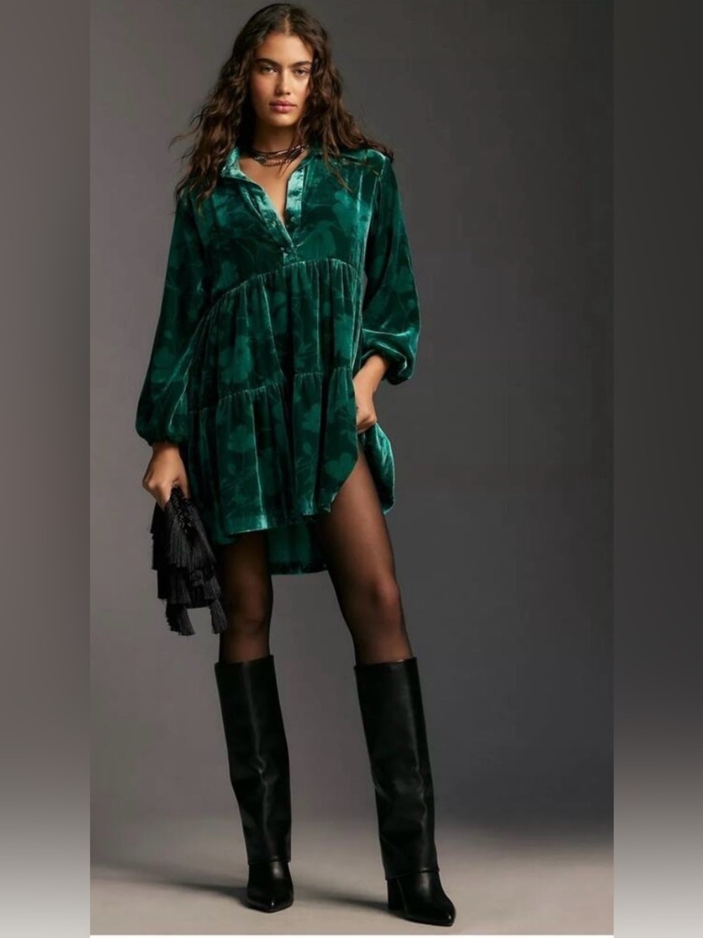 Anthropologie Maeve Bettina Tiered Green Velvet Mini Dress Sz L